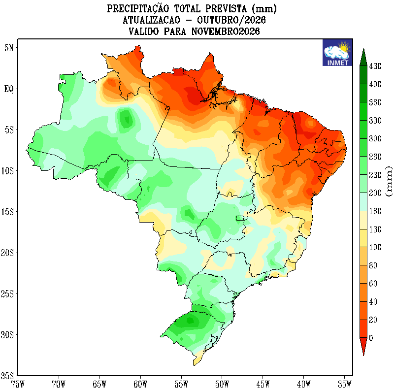 Mapa do INMET com a chuva total prevista, em milímetros, para novembro de 2026 no Brasil
