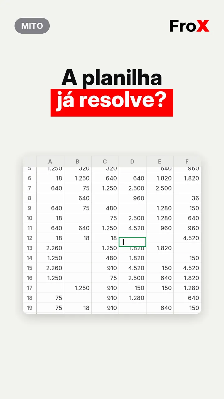 Abertura do vídeo do FroX com a pergunta 'A planilha já resolve?' sobre uma planilha cheia de números