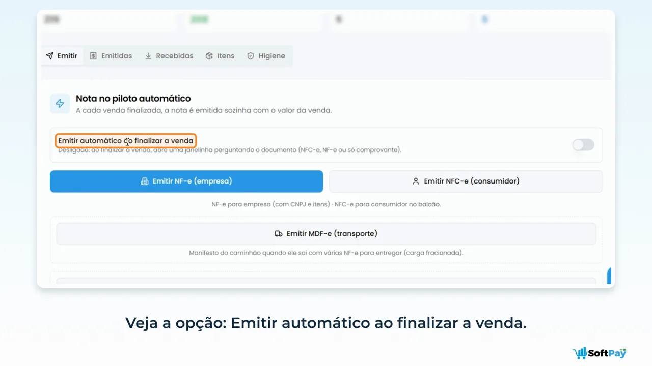 Tela de notas fiscais do SoftPay com a opção Emitir automático ao finalizar a venda