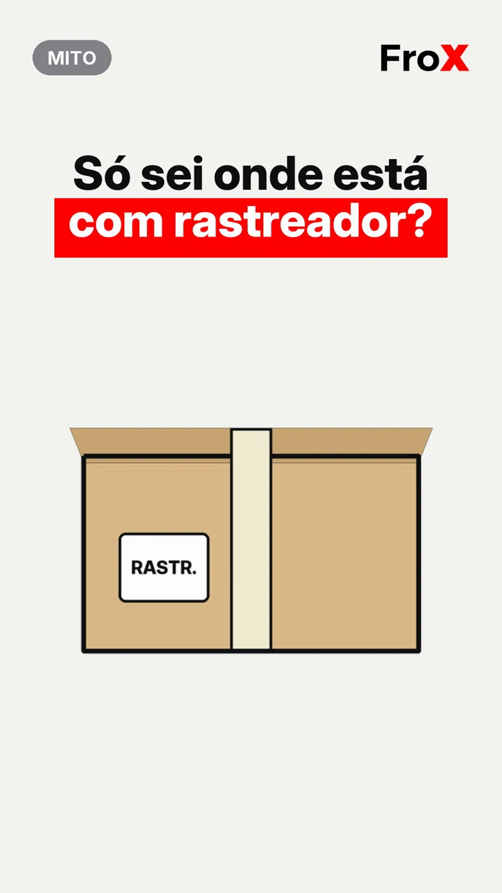 Caixa de equipamento marcada 'Rastr.' sob a pergunta 'Só sei onde está com rastreador?', abertura do vídeo do FroX