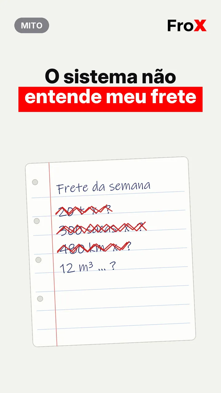 Caderno de frete com contas riscadas sob a frase 'O sistema não entende meu frete', abertura do vídeo do FroX