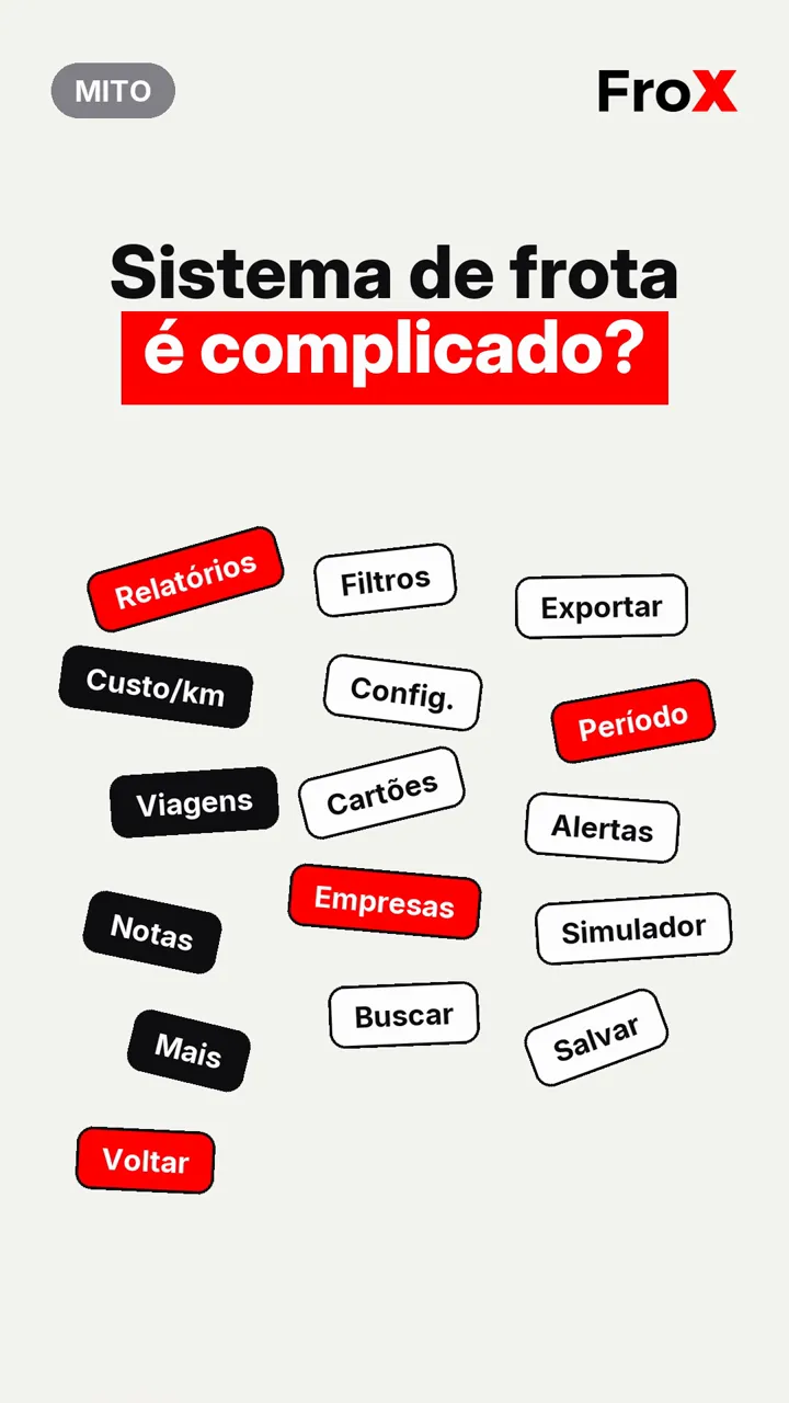 Botões de menu de sistema espalhados sob a pergunta 'Sistema de frota é complicado?', abertura do vídeo do FroX