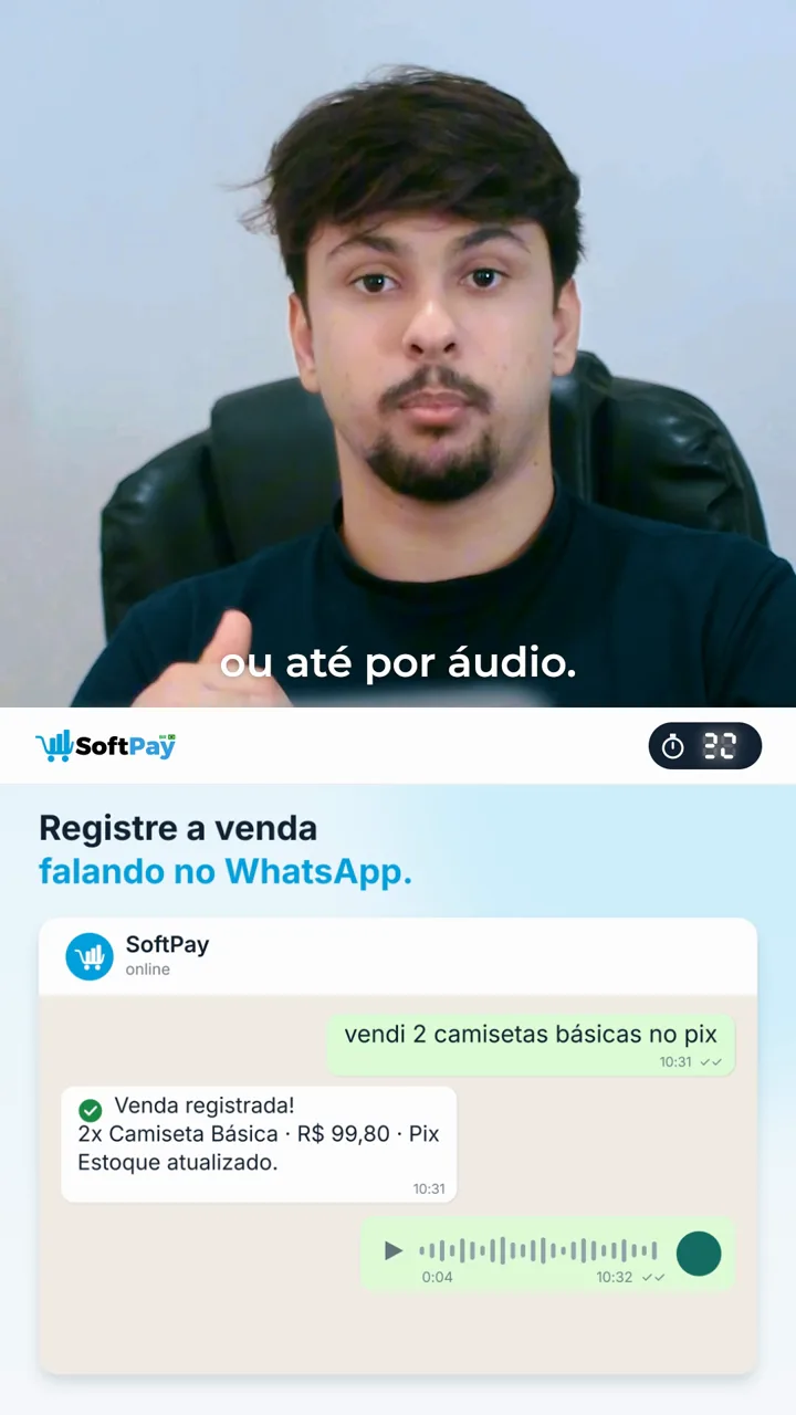 Apresentador explica em vídeo vertical o que o sistema de gestão SoftPay conecta: caixa, estoque, WhatsApp, loja online e Pix