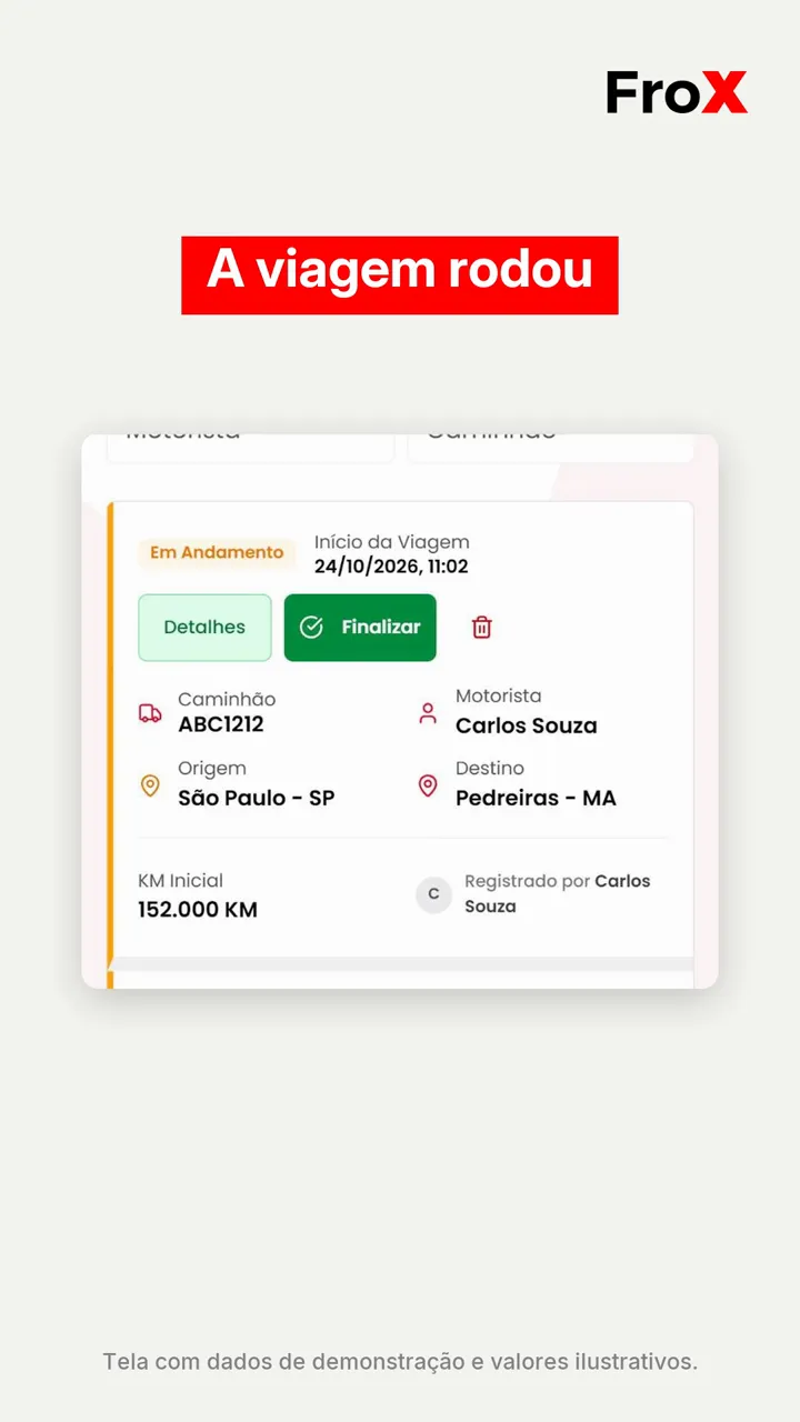 Tela do FroX no celular com o formulário Finalizar Viagem, local de chegada e quilometragem final