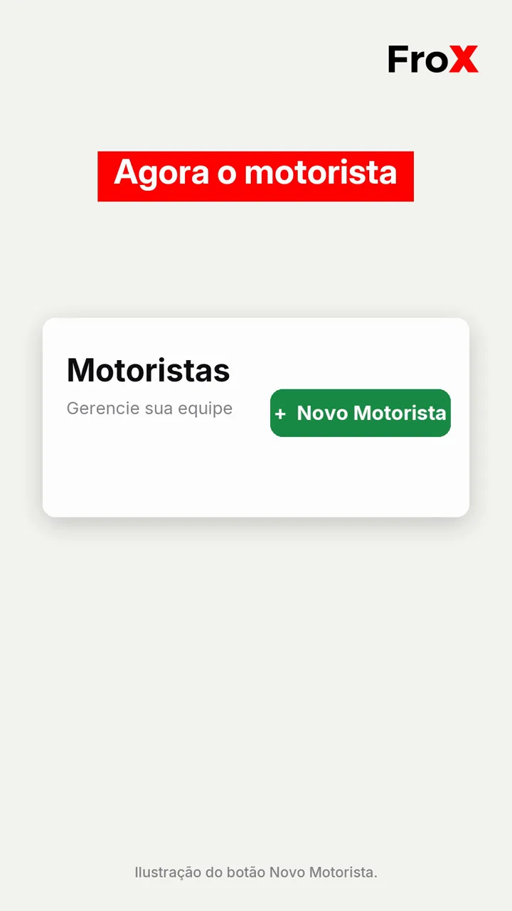 Celular com o formulário Novo Motorista do FroX aberto no quadro Permissões do App, em conta de demonstração
