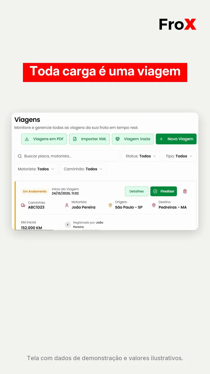 Formulário Nova Viagem do FroX no celular, com caminhão, motorista e o seletor de forma de cobrança do frete