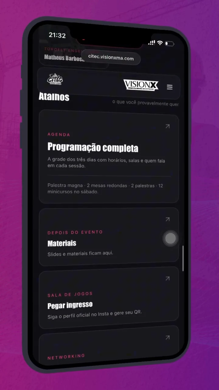 Tela do celular mostrando o site citec.visionxma.com com a programação do congresso em Teresina