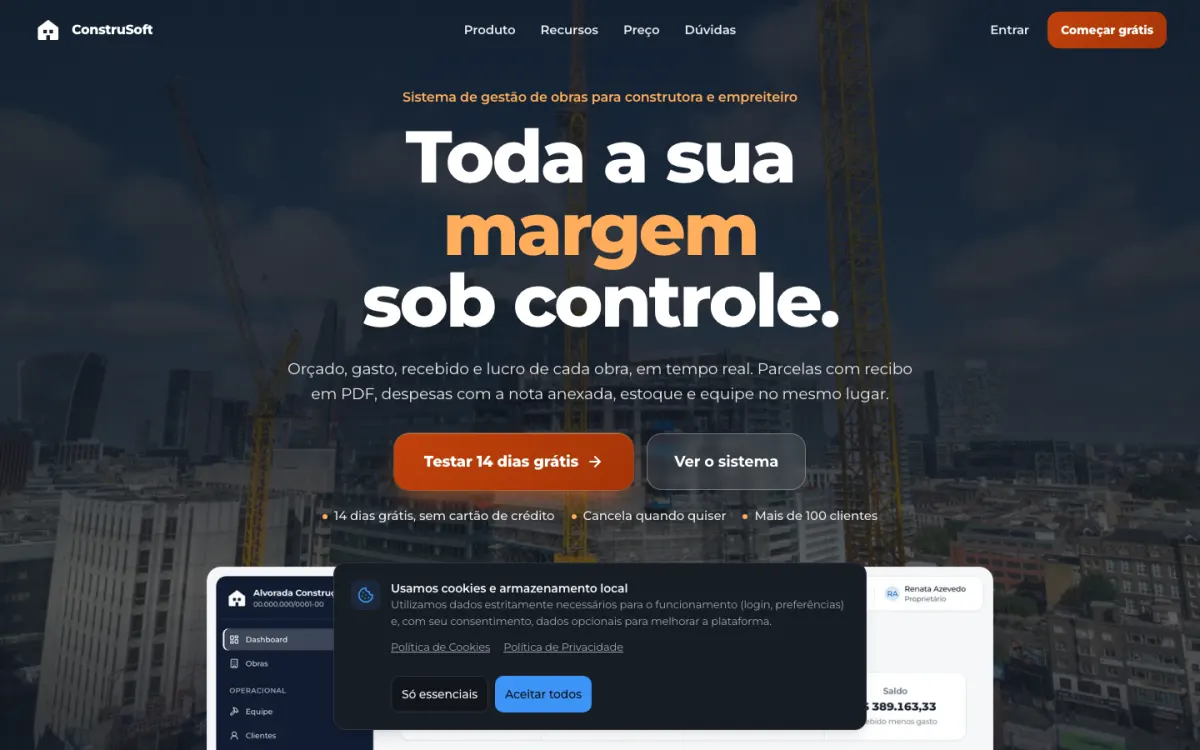 Página inicial do ConstruSoft, sistema de gestão de obras, com a chamada para 14 dias grátis
