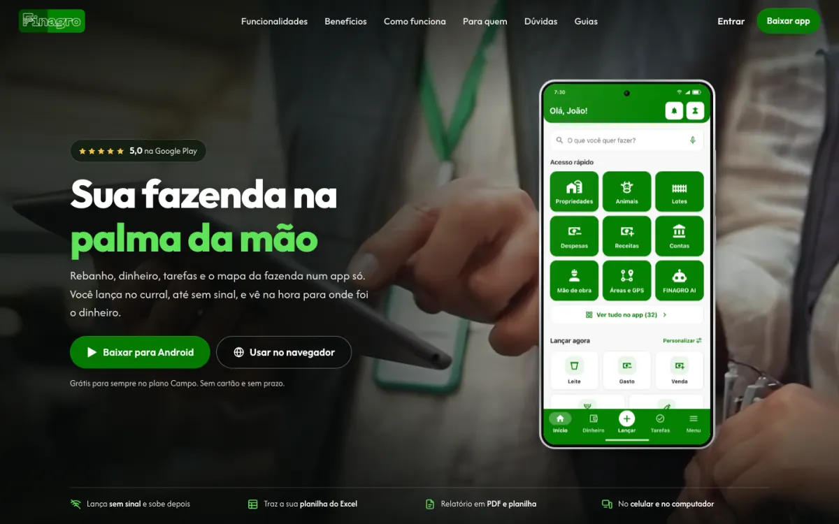Página inicial do Finagro, com o aplicativo de gestão rural aberto no celular