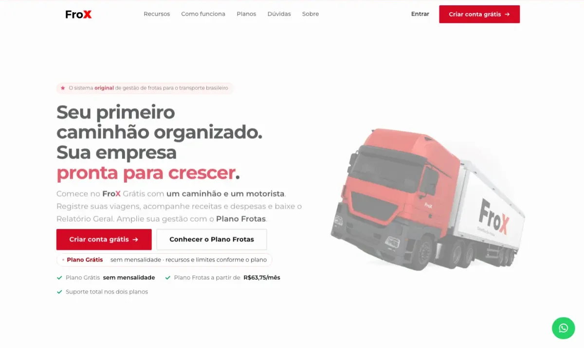 Página inicial do FroX, sistema de gestão de frotas, com o plano grátis e o Plano Frotas