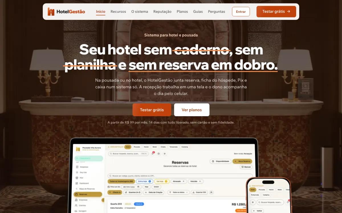Página inicial do HotelGestão, com a tela de reservas no computador e no celular