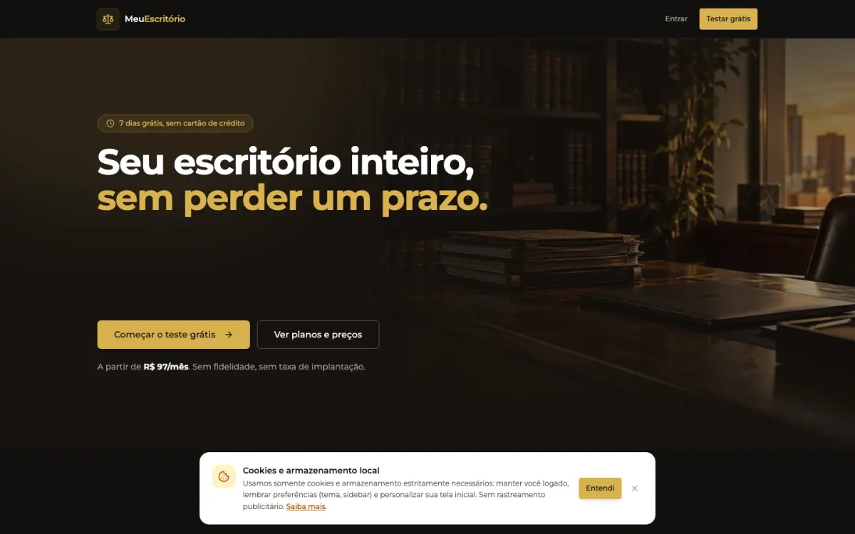 Página inicial do MeuEscritório, sistema de gestão para escritórios de advocacia