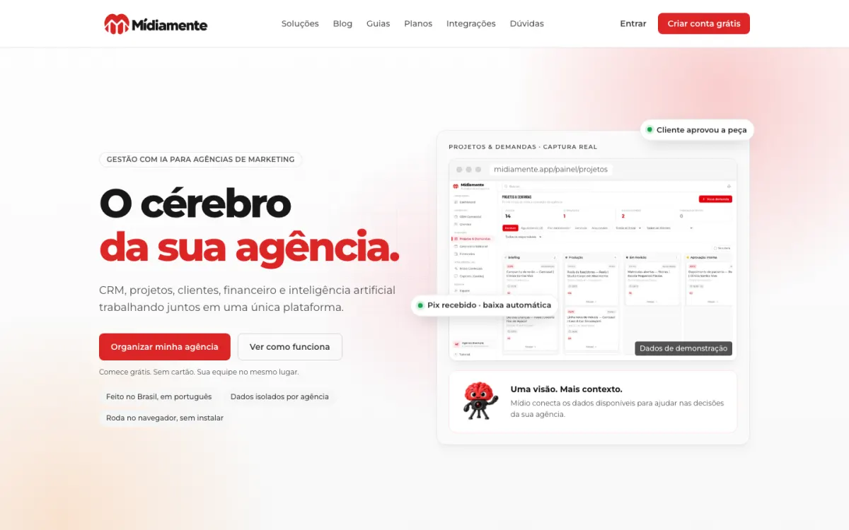 Página inicial da Mídiamente, com a tela de projetos e demandas da plataforma