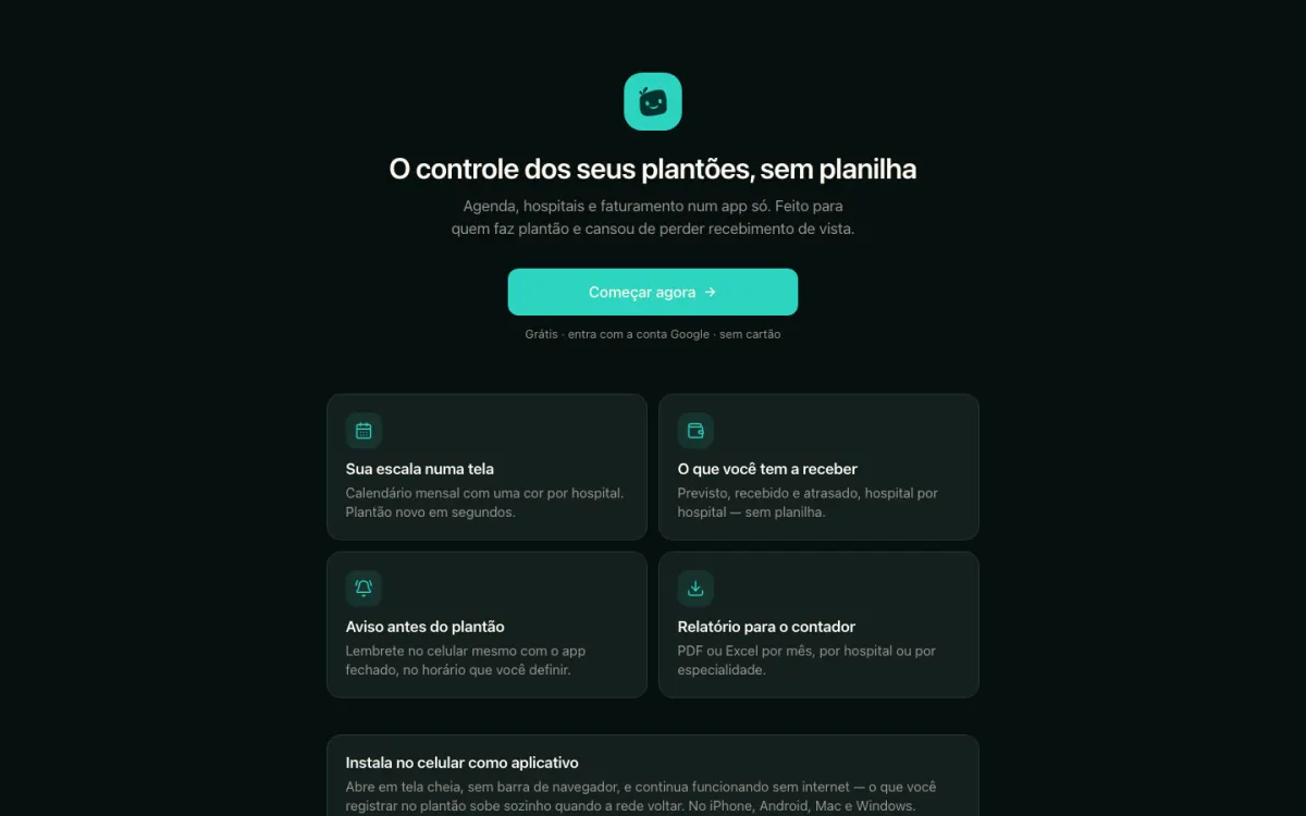 Página inicial do Seu Plantão, com agenda, valores a receber, aviso e relatório