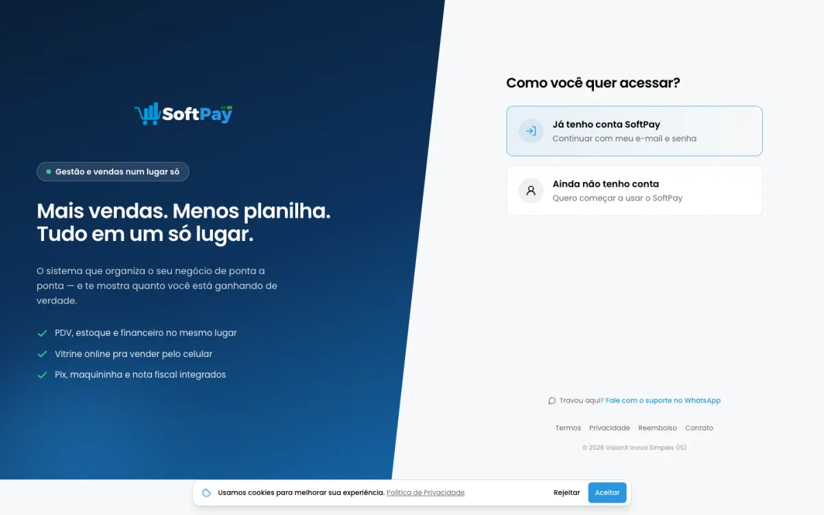 Tela de acesso do SoftPay, sistema de PDV, estoque e financeiro para o comércio