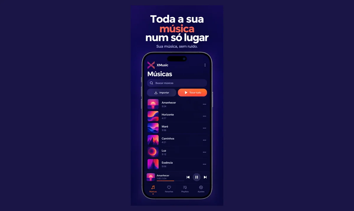 Tela do XMusic no iPhone com a lista de músicas, os botões Importar e Tocar tudo e o lema Sua música, sem ruído