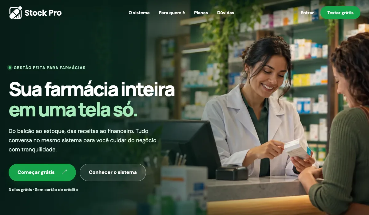 Página inicial do Stock Pro, sistema de gestão para farmácias