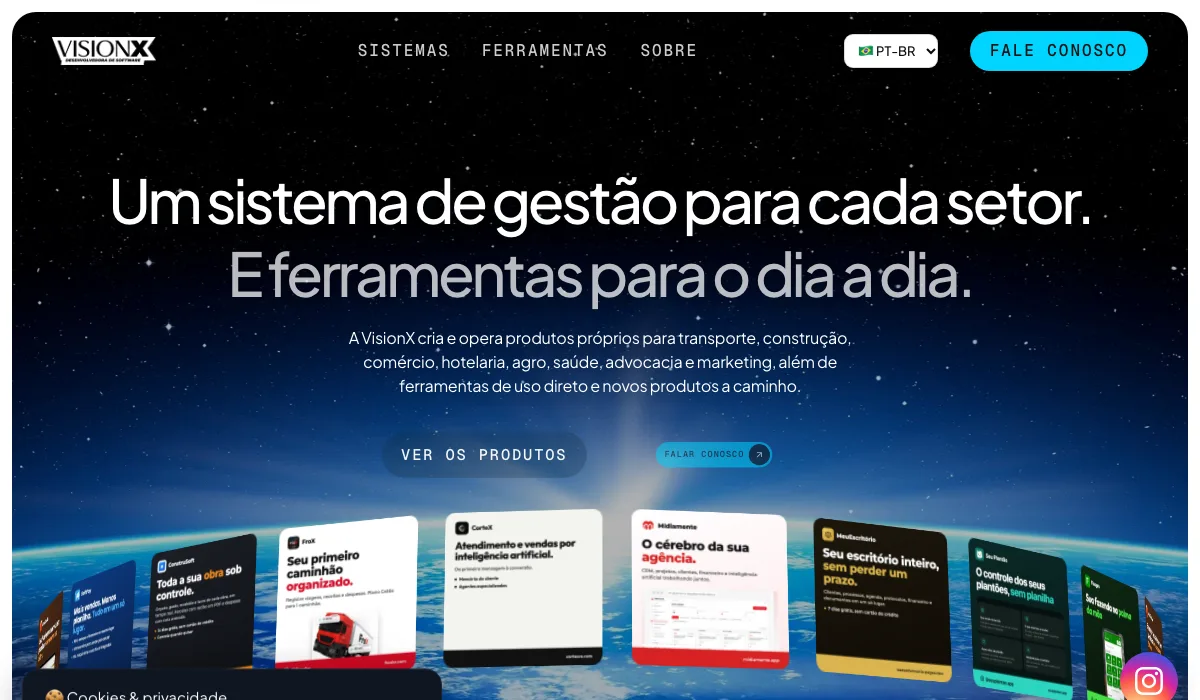 Página inicial da VisionX, que lista a API de Nota Fiscal entre os produtos em desenvolvimento